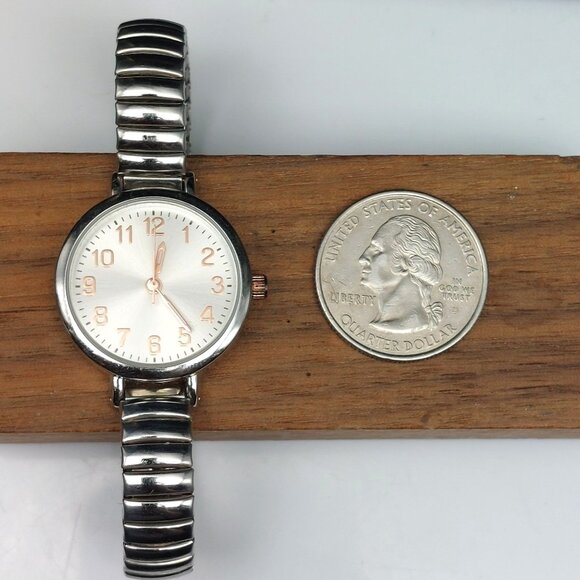 Ladies Silver Analog Watch With Stretch Band & Rose Gold Accents Stainless Steel - Picture 3 of 8